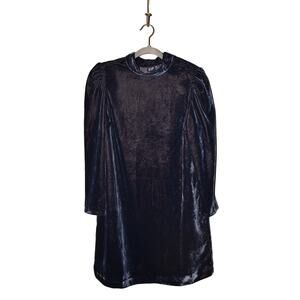 GAP $90 Puff Sleeve Mock Neck Velvet Mini Shift‎ Dress Navy Medium